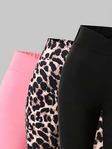 SHEIN 3pcs Girls Leopard Print Minimalist Black Skinny Flare Pants, Versatile Casual Wear For Spring, Summer And Autumn