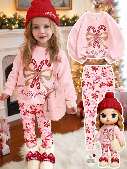 SHEIN Christmas Series, Fairy Tale Pink & Christmas Red, Cute Sweet Glitter Bow Candy Cane Pattern, Young Girl Casual Thick Soft Comfortable Long Sleeve Sweatshirt And Leggings 2 Pieces Set, Suitable For Autumn/Winter Daily Wear, Christmas Party, Street Style, Home