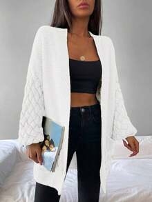 EURMUSE Dual Pocket Drop Shoulder Open Front Cardigan - White - View 4