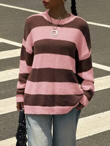 SHEIN EZwear Áo len Raglan cổ tròn màu tương phản thường ngày dành cho nữ, Thu/Đông - Hồng - Xem 6