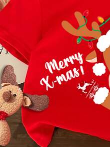 SHEIN Blusa de manga corta y cuello redondo con estampado de renos de dibujos animados, roja y festiva, ideal para niña en Navidad. Colección navideña nueva, adecuada para capas en verano.