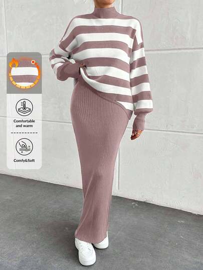 EURMUSE 2pcs Set: Women Ribbed Drop Shoulder Sweater And Knit Dress,Petite Co Ord,Co Ord,Petite,Winter Clothes