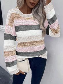 EMERY ROSE Women's Casual Everyday Contrast Color Round Neck Raglan Sweater, Autumn/Winter Fall Cloth For Women Fall Sweater Knit Sweater Pullover For Women Women Sweater Striped Sweater - Multicolor - View 5