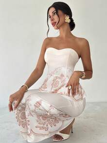 Firerie Conjunto de 2 piezas de verano con top tubo asimétrico de estampado de color contrastante y pantalones de pierna ancha de cintura alta, elegante, refinado y romántico para vacaciones y uso diario