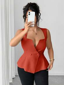 Elenzga Plus Size Women's Elegant Sleeveless Shirt, Sweetheart Neck Double-Breasted Closure, Slim Fit, Suitable For Work And Commute, Summer - Red - View 7