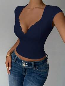 INAWLY Kaos Wanita Polos Model Sweetheart Neck dengan Hiasan Renda dan Lengan Pendek, Potongan Pas Badan, Seksi - Royal Blue - View 4