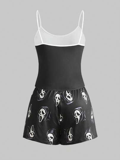 Goth Ensemble pyjama grande taille pour femmes avec motif gothique imp, bretelles contrastées et short