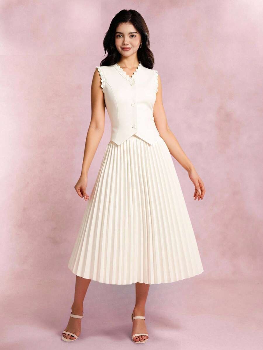 Set 2pcs Atasan Tank Tanpa Lengan Leher V Asimetris dengan Bordir dan Rok Lipit Pinggang Tinggi Polos, Cocok untuk Remaja Putri yang Elegan - Khaki - View 1