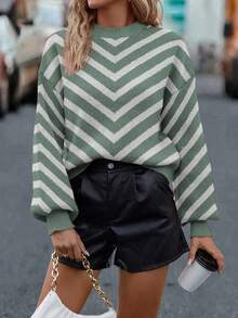 SHEIN LUNE Suéter casual de mujer con bloques de color y rayas, otoño/invierno - Verde Oscuro - Ver 4