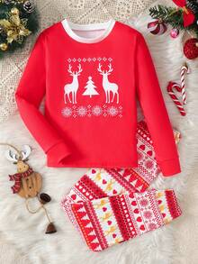 SHEIN Tween Girl Casual Comfortable Cartoon Graphic Crew Neck Pullover Loungewear - Red - View 4