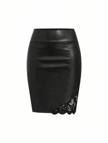 Ellevyn 女式纯色 PU 皮革优雅铅笔裙 - 黑色 - 查看 8