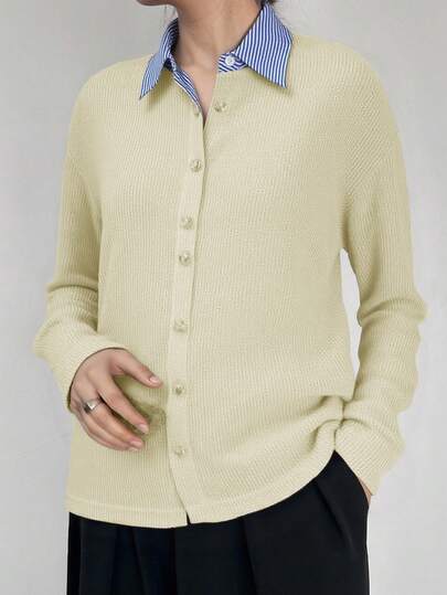 FRIFUL Women's Casual T-Shirt With Striped Patchwork And Drop Shoulder Long Sleeve Single-Breasted Design