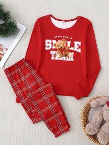 Mädchen Bär Buchstaben Muster rotes Langarm-Top kombiniert mit roter klassischer Karomuster Hose, passender Pyjama-Set