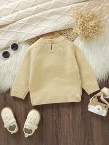 SHEIN 1 pieza Suéter casual para bebé niña, bordado de pato, parte superior de manga larga, se puede usar en capas o de forma independiente, suéter de punto para bebé, otoño e invierno - Mostaza Amarilla - Ver 2