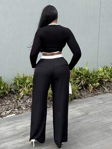 Alexandranx 撞色修身长袖上衣休闲度假机场假日可爱秋季返校秋冬 - 黑色 - 查看 2