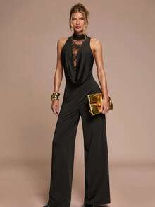 SHEIN BAE 女式纯色蕾丝拼布无袖连体裤 - 黑色 - 查看 3