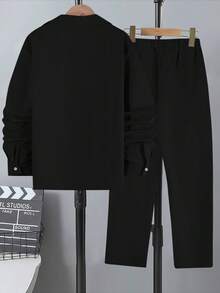 2pcs Teenager Spring Ball Casual Gentleman Single-Breasted Gray Long Sleeve Shirt Paired With Elastic Waist Slant Pocket Casual Pants Set, Vacaura Boy Outfit