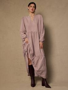 Váy tay đèn lồng cổ khoét caro kẻ caro cỡ lớn, mùa thu - Màu Khaki - Xem 3