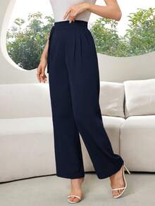 Modelyn 女士纯色抽绳腰宽松休闲裤 - 藏蓝色 - 查看 3