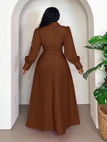 Veslaya 秋冬新品，女士秋冬服装，大码连衣裙，女士生日礼服，棕色长裙，锈棕色连衣裙，优雅棕色连衣裙，秋季连衣裙，端庄连衣裙 - 棕色 - 查看 2