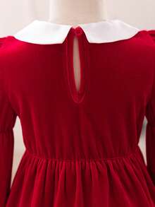 Glamorique Kids Baby Girls' Autumn/Winter New Velvet Korean Fleece Designed Peter Pan Collar 3D Bow Cute Party Long Sleeve Dress - Red - View 4
