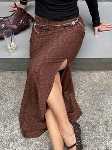 SHEIN Unity 棕色针织提花低腰直筒开衩侧裙，女款，秋冬，时尚简约，通勤、办公、旅行、度假百搭，外出约会穿着舒适 - 棕色 - 查看 7