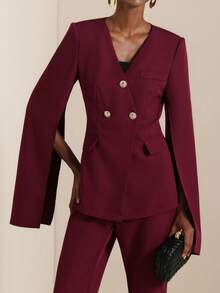 Vesra Conjunto de traje con cuello en V, falso bolsillo, mangas acampanadas y bajo con abertura - Rojo violeta - Ver 8