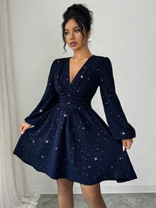 Elenzga 全新 V 领纹理金属前褶腰泡泡袖 A 字形设计休闲迷你连衣裙，适合度假、日常穿着、年轻优雅、秋冬 - 寶藍色 - 查看 7