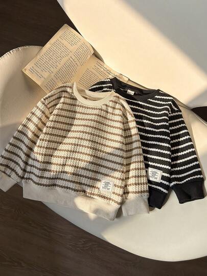 2pcs/Set Baby Boy Casual Black & White Striped + Beige Striped Top