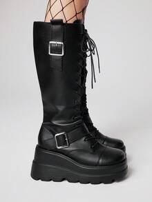 ROMWE Grunge Punk Giày bốt cao đến đầu gối, đế dày PU phong cách Gothic thời trang 2025, giày bốt đi xe máy, giày bốt cao gót đế xuồng, ống chân thon cho mùa thu/xuân - màu đen - Xem 4