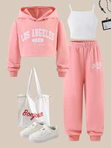 SHEIN Explorewe 3 件套女童休闲连帽运动衫、吊带背心和运动裤套装，时尚印花设计，适合日常休闲装、学校装、春秋季 - 粉色 - 查看 1