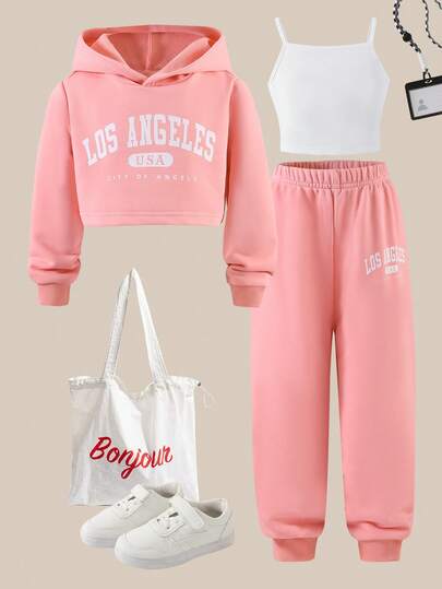 SHEIN Explorewe 3 件套女童休闲连帽运动衫、吊带背心和运动裤套装，时尚印花设计，适合日常休闲装、学校装、春秋季