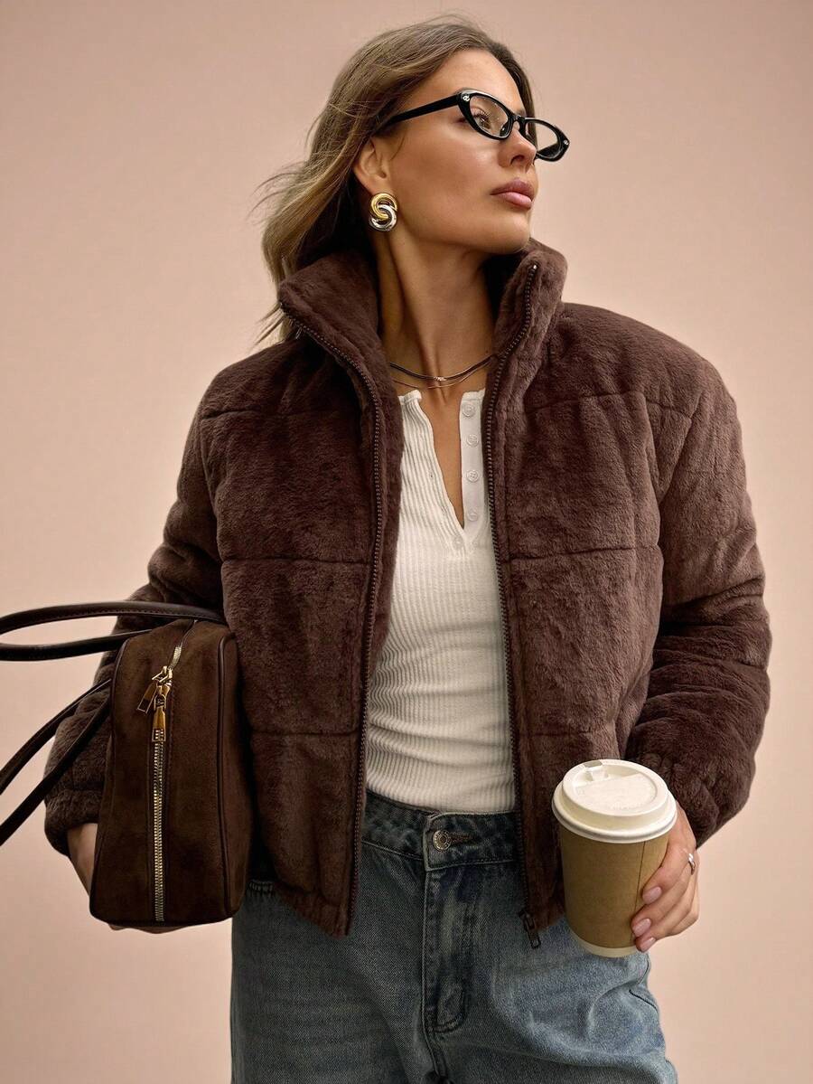 SHEIN BAE 女式休闲纯色立领夹克，秋冬 - 咖啡棕 - 查看 1