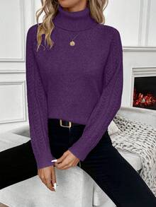 EMERY ROSE Suéter casual de cuello alto y manga raglán de unicolor simple para uso diario y viajes, otoño/invierno para mujer - Bold Plum - Ver 3