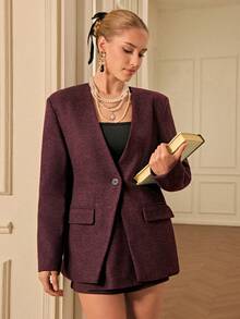 Aveloria Rosie 秋冬酒红色复古美式时尚设计无领收腰宽肩廓形西装外套和高腰迷你裙两件套 - 彩色 - 查看 7