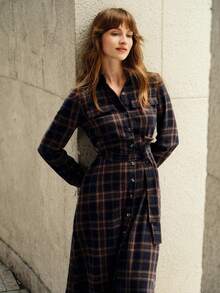 Écloséra Women's Casual Retro Plaid Shirt Dress, Button Dress, Women's Dark Purple Plaid Dress, Women's Retro Plaid Dress, Women's Button Dress, Women's Casual Commuter Dress, Autumn Dress - Multicolor - View 4