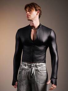 FeverCity Casual Slim Fit Solid Color Stand Collar Long Sleeve Short Men's Jacket, Fall - Black - View 3