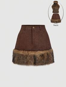 SHEIN MOD Falda A-Line de pana con parches y efecto de piel sintética, estilo callejero chic occidental para mujer en otoño/invierno - Marrón - Ver 1