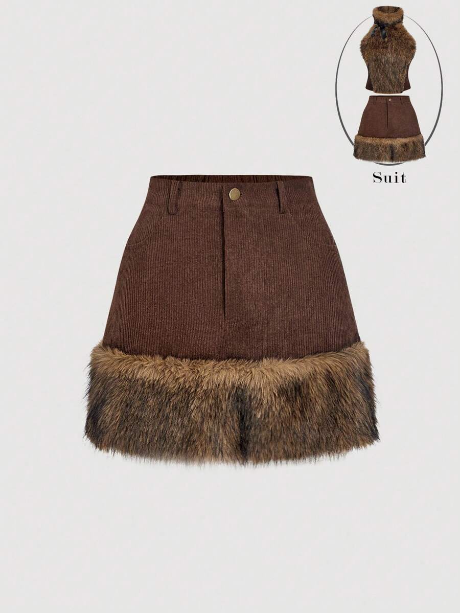 SHEIN MOD Falda A-Line de pana con parches y efecto de piel sintética, estilo callejero chic occidental para mujer en otoño/invierno - Marrón - Ver 1