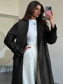 Aloruh 勃艮第酒红色 PU 皮革长款夹克，现代女性街头服饰，秋冬 - 黑色 - 查看 3