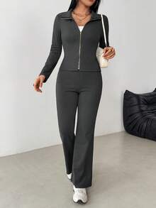 Franclia 2pcs Women Collared Zip Front Long Sleeve Top And Flared Straight Leg Pants Set, Suitable For Daily Wear - Grey - View 4