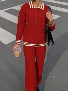 Franclia Women's Autumn And Winter Sweater, Christmas Red Business Casual Women's Polo Collar Button Long-Sleeved Pullover Top, Fitted Top Paired With Straight Loose Ribbed Trousers, Soft Knit Two-Piece Set For Commuting, Women's New Year's Clothing, Women's Winter Suit. - Red - View 6