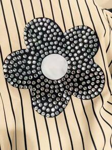 INAWLY Áo sơ mi dài tay họa tiết sọc đính đá cho nữ, phù hợp cho mùa xuân và mùa thu - Nhiều màu - Xem 4