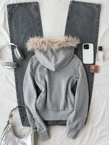 Teen Girls Graphic Print Pocket Sweatshirt - Grey - View 2