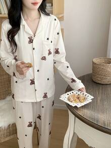 2件套优雅少女熊和星星图案长袖上衣和裤子睡衣套装 - 杏色 - 查看 3