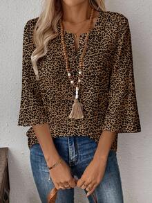 EMERY ROSE Plus Size Casual Leopard Print Shirt Cheetah Print,Summer/Spring - Brown - View 4