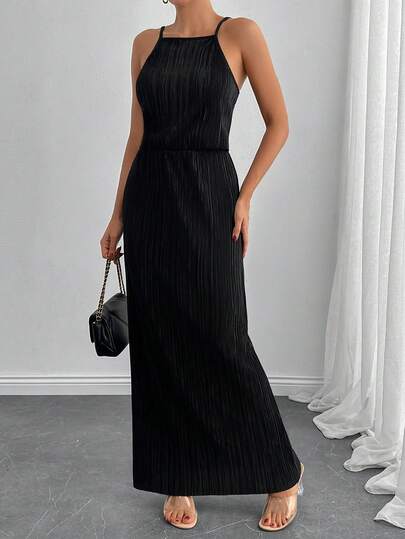 Abito da sera elegante nero in raso con spalline sottili, abito da cerimonia formale per matrimoni e occasioni speciali