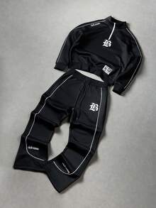 Manfinity EMRG Men's Letter Print Long Sleeve Sweatshirt And Drawstring Waist Sweatpants Casual Suit, Autumn - Black - View 4