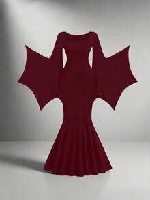 EMERY ROSE Váy phù thủy phong cách Gothic cỡ lớn cho nữ, áo choàng cổ tròn tay cánh dơi cổ điển, áo choàng dài co giãn đuôi tiên cá Halloween mới - Màu đỏ tím - Xem 3