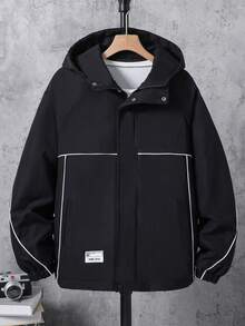 1pc Teenage Boys' Black Hooded Jacket, Contrast Stripe Design, Casual HOOGE STYLE Label, Fashionable Streetwear, Versatile - Black - View 1